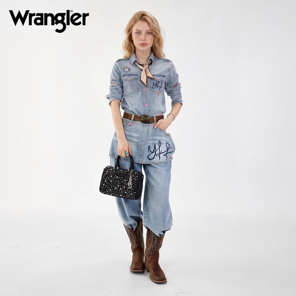Montana West Wrangler Rhinestone Denim Barrel Bag Crossbody Satchel Purse Black - Picture 3 of 8